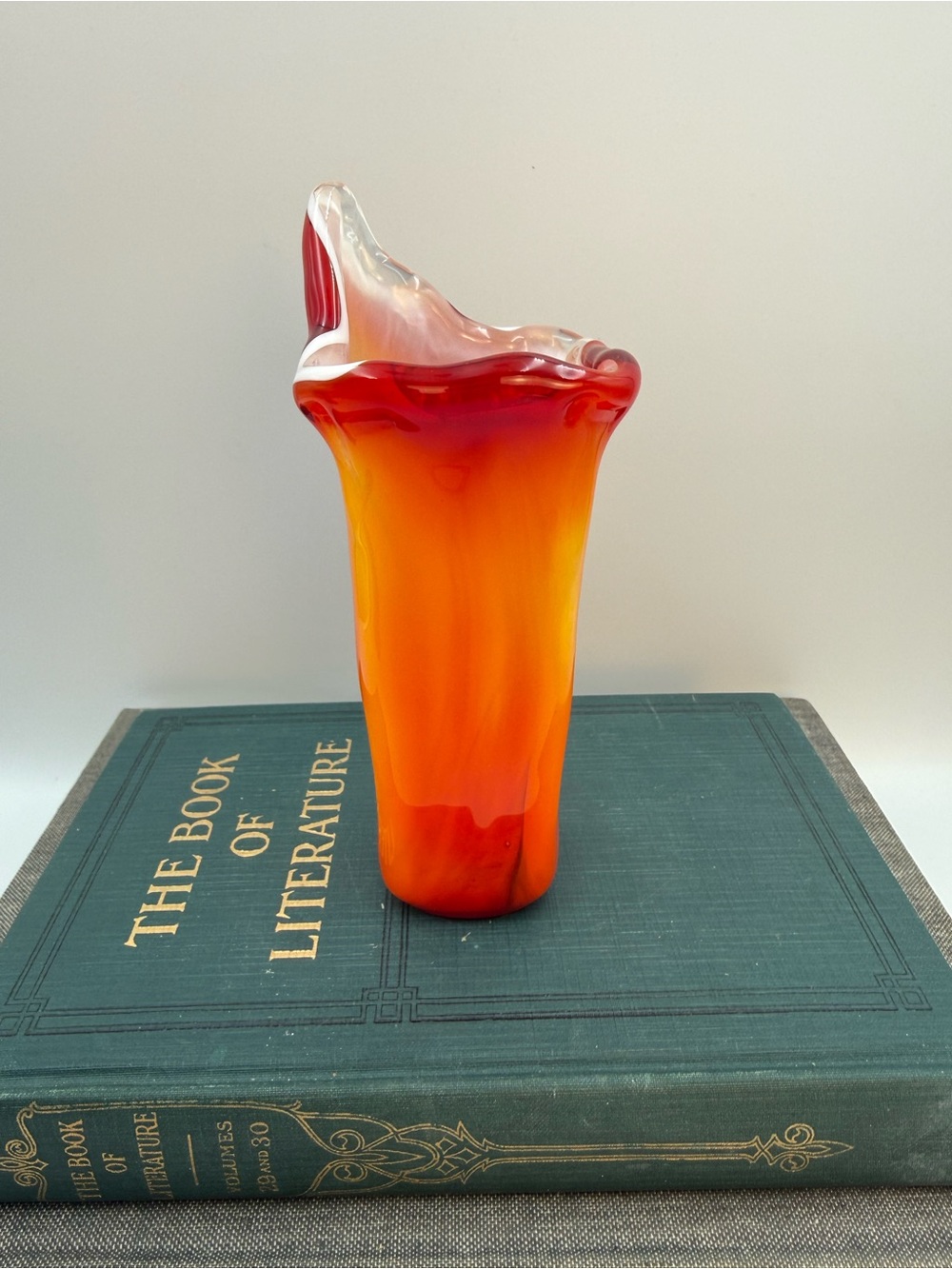 Vintage Orange Cased Glass Vase, Murano Style, Mid-Century Modern Decor, 7”